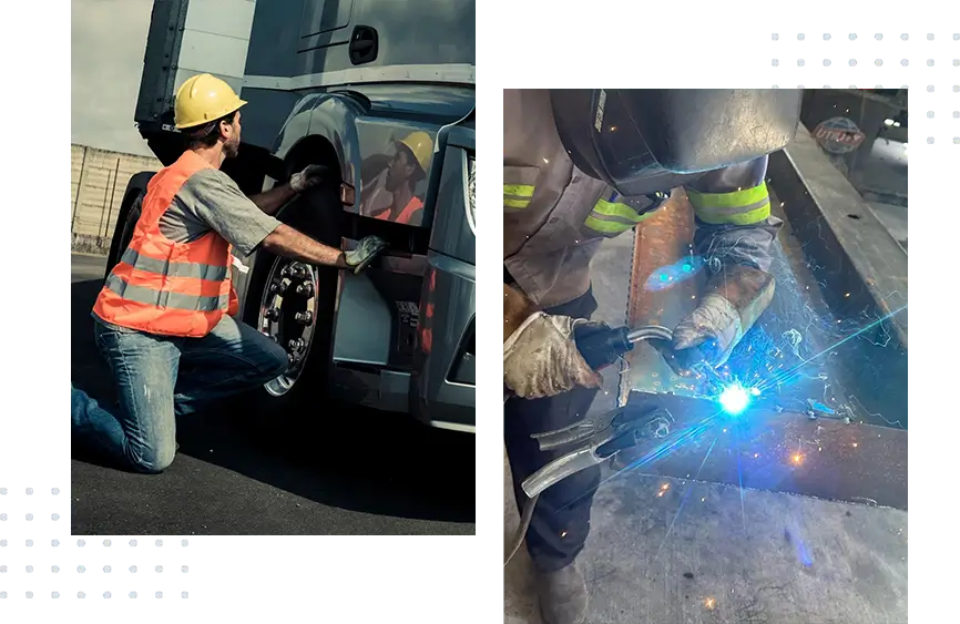 A collage of two different pictures with people working on cars.