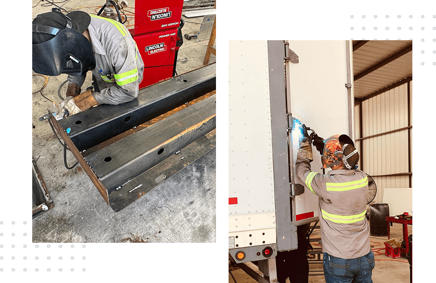 A collage of two pictures with workers working on the side of a truck.