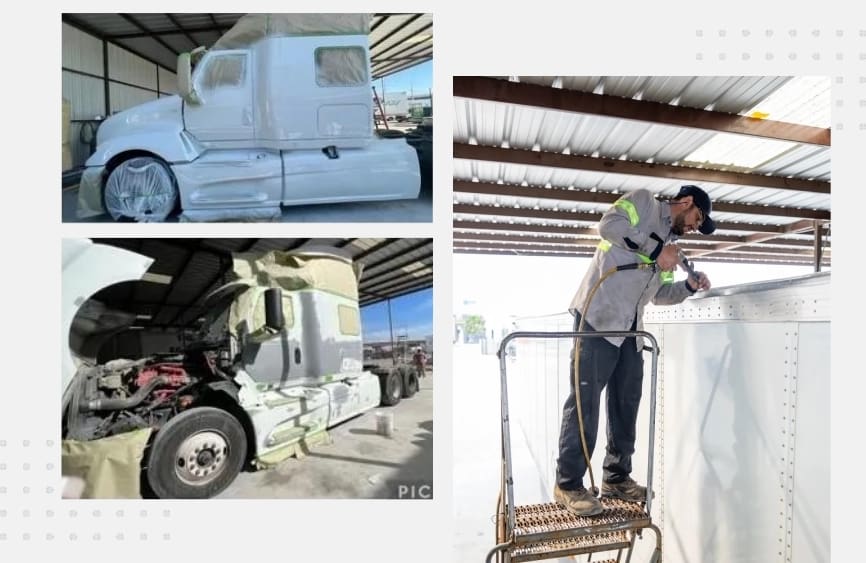 A collage of photos with a man working on the side of a truck.